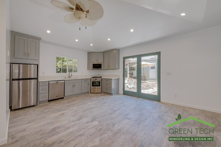 Modern kitchen with stainless steel appliances and clean-line cabinetry