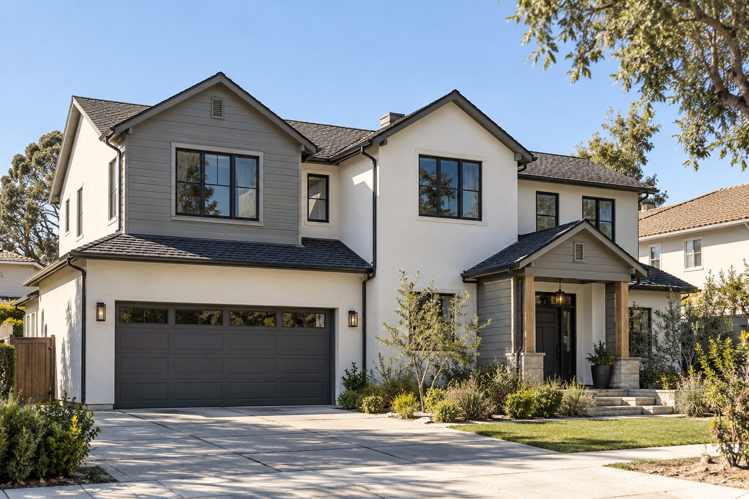 Exterior stucco and stone veneer finish on a San Fernando Valley home by Green Tech