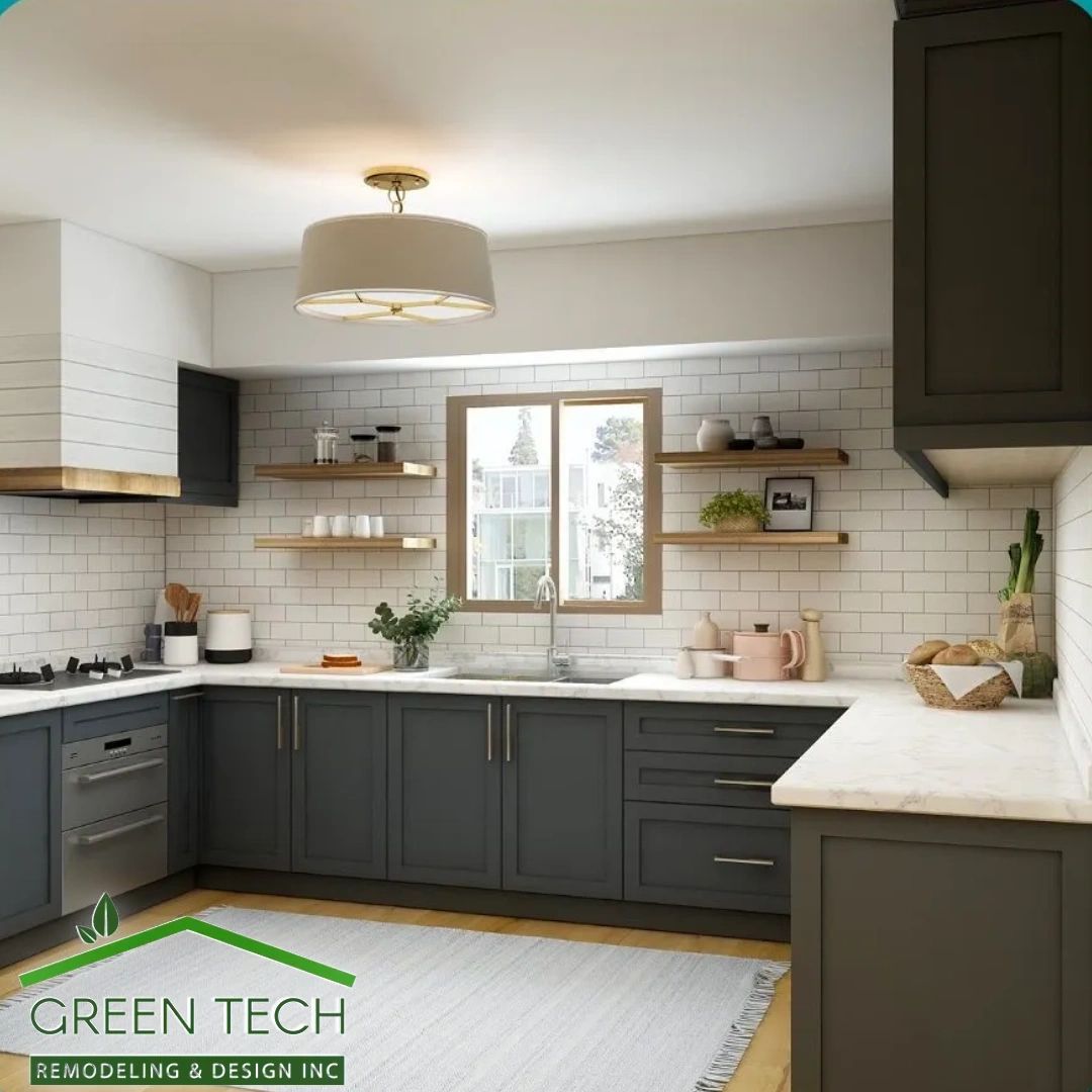 Green Tech kitchen remodel — dark charcoal cabinetry with white subway tile backsplash